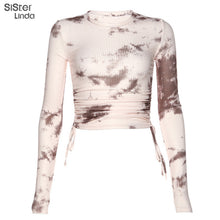 Load image into Gallery viewer, Sisterlinda Tie Dye Print Knitting Crop Tops Women T-shirt O-neck Elasticity T Shirt Full Sleeve Skinny Tshirt Mujer Tees 2020