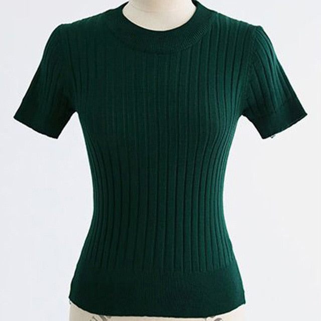 Slim Knitted Sweaters for Women 2020 Summer Tops And Pullovers Short Sleeve Bodycon Clothing O-Neck Ladies Green Sweaters