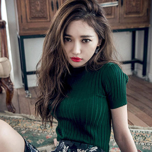Slim Knitted Sweaters for Women 2020 Summer Tops And Pullovers Short Sleeve Bodycon Clothing O-Neck Ladies Green Sweaters