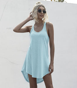 Solid Casual O-neck Sleeveless Tank Dress Women Loose Off Shoulder Asymmetrical Cotton Mini Dress Summer Y2K Vestidos Streetwear