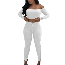Load image into Gallery viewer, Solid Slash Neck Long Sleeve Two Piece Set Drawstring Off Shoulder Women Tracksuit Bodycon Long Pants Women Suits