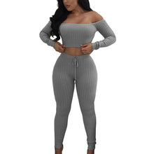 Load image into Gallery viewer, Solid Slash Neck Long Sleeve Two Piece Set Drawstring Off Shoulder Women Tracksuit Bodycon Long Pants Women Suits