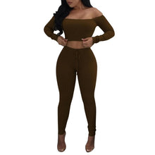 Load image into Gallery viewer, Solid Slash Neck Long Sleeve Two Piece Set Drawstring Off Shoulder Women Tracksuit Bodycon Long Pants Women Suits