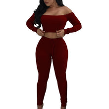 Load image into Gallery viewer, Solid Slash Neck Long Sleeve Two Piece Set Drawstring Off Shoulder Women Tracksuit Bodycon Long Pants Women Suits