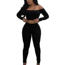 Load image into Gallery viewer, Solid Slash Neck Long Sleeve Two Piece Set Drawstring Off Shoulder Women Tracksuit Bodycon Long Pants Women Suits