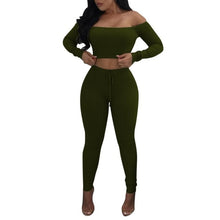Load image into Gallery viewer, Solid Slash Neck Long Sleeve Two Piece Set Drawstring Off Shoulder Women Tracksuit Bodycon Long Pants Women Suits