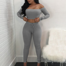 Load image into Gallery viewer, Solid Slash Neck Long Sleeve Two Piece Set Drawstring Off Shoulder Women Tracksuit Bodycon Long Pants Women Suits