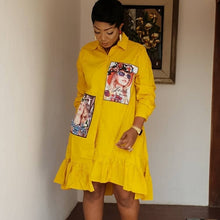 Load image into Gallery viewer, Spring Autumn Fashion Yellow Print Pleated Dress Casual Cute Women Beading Shirt Dresses Long Sleeve Plus Size Vestidos