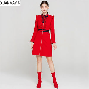 Spring Women's Long Sleeve Sweater Dress Brand Design Office Lady Zip Cardigan Knit Dress 2019 Red Spring Long Sleeve Dress