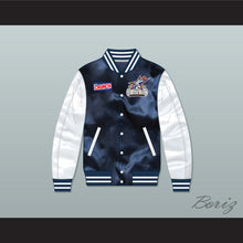 Load image into Gallery viewer, Stars Rock N' Jock All Star Jam 2002 Navy Blue/ White Varsity Letterman Satin Bomber Jacket