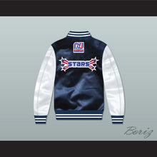 Load image into Gallery viewer, Stars Rock N' Jock All Star Jam 2002 Navy Blue/ White Varsity Letterman Satin Bomber Jacket