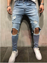 Load image into Gallery viewer, Streetwear rodilla rasgado vaqueros de moda Hip Hop para hombres destruido agujero pantalones de Color sólido Hombre Denim Stretch Pantalones