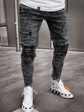 Load image into Gallery viewer, Streetwear rodilla rasgado vaqueros de moda Hip Hop para hombres destruido agujero pantalones de Color sólido Hombre Denim Stretch Pantalones
