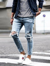 Load image into Gallery viewer, Streetwear rodilla rasgado vaqueros de moda Hip Hop para hombres destruido agujero pantalones de Color sólido Hombre Denim Stretch Pantalones