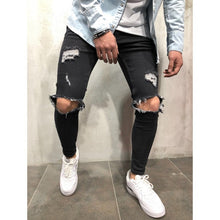 Load image into Gallery viewer, Streetwear rodilla rasgado vaqueros de moda Hip Hop para hombres destruido agujero pantalones de Color sólido Hombre Denim Stretch Pantalones