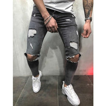 Load image into Gallery viewer, Streetwear rodilla rasgado vaqueros de moda Hip Hop para hombres destruido agujero pantalones de Color sólido Hombre Denim Stretch Pantalones