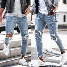 Load image into Gallery viewer, Streetwear rodilla rasgado vaqueros de moda Hip Hop para hombres destruido agujero pantalones de Color sólido Hombre Denim Stretch Pantalones