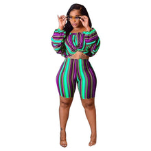 Load image into Gallery viewer, Striped 2 Two Piece Set Puff Sleeve Crop Top and Biker Shorts Sexy Club Summer Outfits for Women Matching Sets