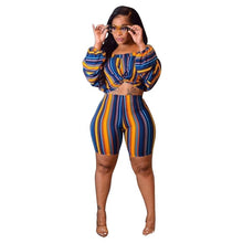 Load image into Gallery viewer, Striped 2 Two Piece Set Puff Sleeve Crop Top and Biker Shorts Sexy Club Summer Outfits for Women Matching Sets