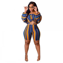 Load image into Gallery viewer, Striped 2 Two Piece Set Puff Sleeve Crop Top and Biker Shorts Sexy Club Summer Outfits for Women Matching Sets