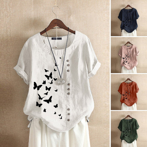 Stylish Summer Tee Shirts Women's Printed Blouse 2020 ZANZEA Vintage Button O Neck Blusa Female Short Sleeve Tunic Plus Size 5XL