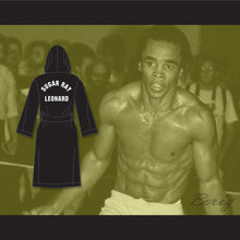 Load image into Gallery viewer, Sugar Ray Leonard Black Satin Full Boxing Robe with Hood