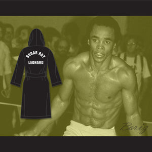 Sugar Ray Leonard Black Satin Full Boxing Robe with Hood