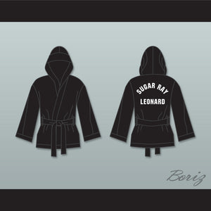 Sugar Ray Leonard Black Satin Half Boxing Robe with Hood