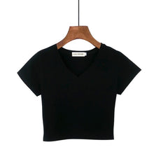 Load image into Gallery viewer, Summer Casual Korean solid V-neck short female T-shirt short sleeve t-shirt cotton high waist Slim women&#39;s shirt camiseta mujer