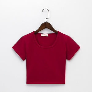 Summer Casual Solid Female Cotton T-Shirt Short Sleeve Round Neck T-Shirt High Waist Slim T-shirts for women Camiseta Mujer