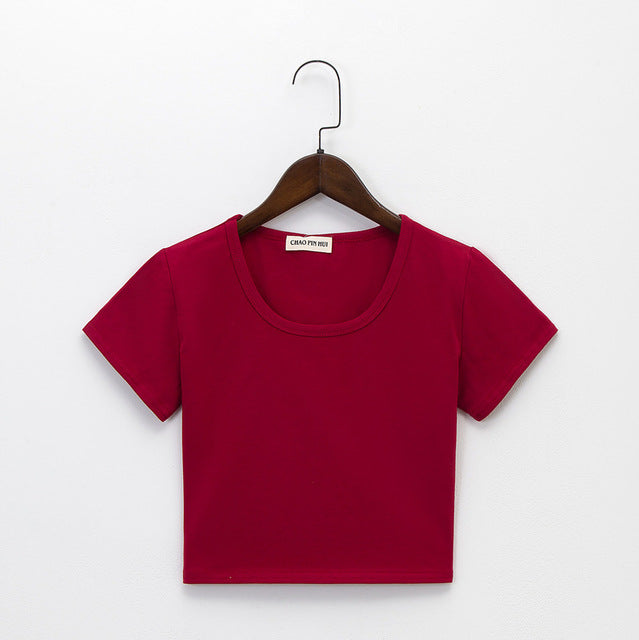 Summer Casual Solid Female Cotton T-Shirt Short Sleeve Round Neck T-Shirt High Waist Slim T-shirts for women Camiseta Mujer