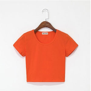 Summer Casual Solid Female Cotton T-Shirt Short Sleeve Round Neck T-Shirt High Waist Slim T-shirts for women Camiseta Mujer