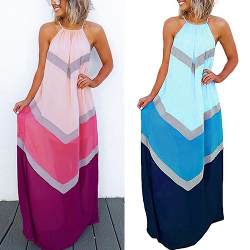 Summer Dresses Casual Fashion Elegant Dress Women's Halter Striped Color Patchwork Pleated Back Hollow Out Maxi Long Dress @122