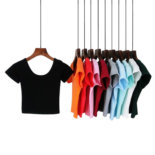 Summer Female T-Shirt Round Neck Short Sleeve Simple Basic Bottoming T-Shirt Cotton High Waist Slim Crop Top Multicolor T-Shirt