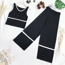 Load image into Gallery viewer, Summer Knitted Tank Top + High Waist Wide Leg Pants Set Women Sleeveless V-neck Vest Crop Top Mid-Calf Length Two Piece Set
