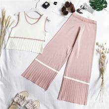 Load image into Gallery viewer, Summer Knitted Tank Top + High Waist Wide Leg Pants Set Women Sleeveless V-neck Vest Crop Top Mid-Calf Length Two Piece Set