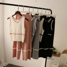 Load image into Gallery viewer, Summer Knitted Tank Top + High Waist Wide Leg Pants Set Women Sleeveless V-neck Vest Crop Top Mid-Calf Length Two Piece Set