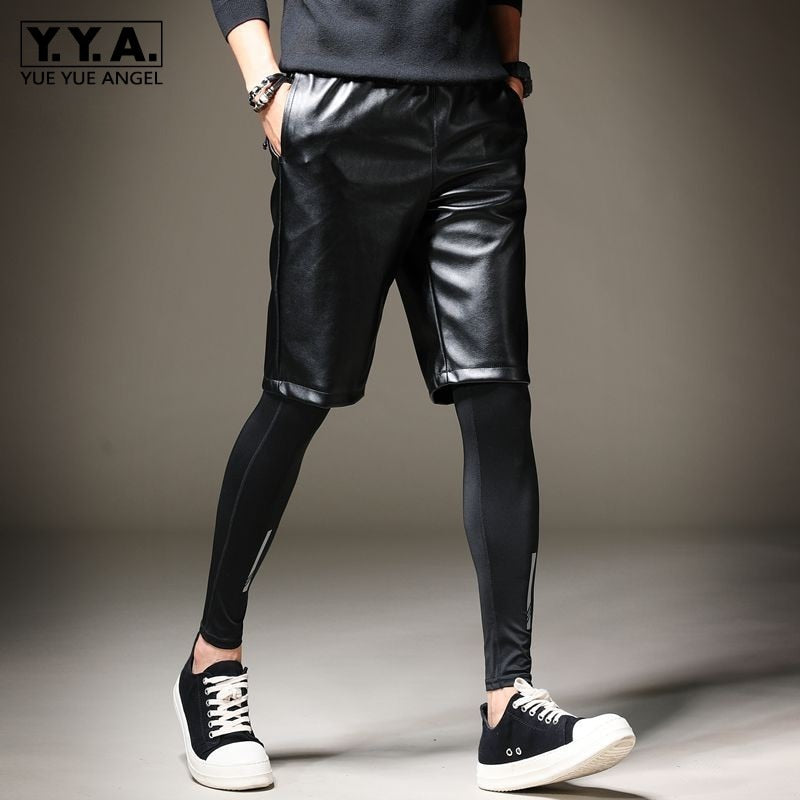 Summer New Mens Knee Length Pu Leather Shorts Elastic Waist Hip Hop Harem Pants Korean Casual Streetwear Biker Leather Shorts