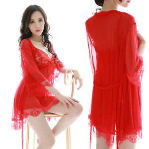 Summer Nightgown Women's Nightdress 2 Piece Sexy Sling Lace Embroidered Ruffle + Lace Nightdress Lace Dress Robe Sexy Sleepwear