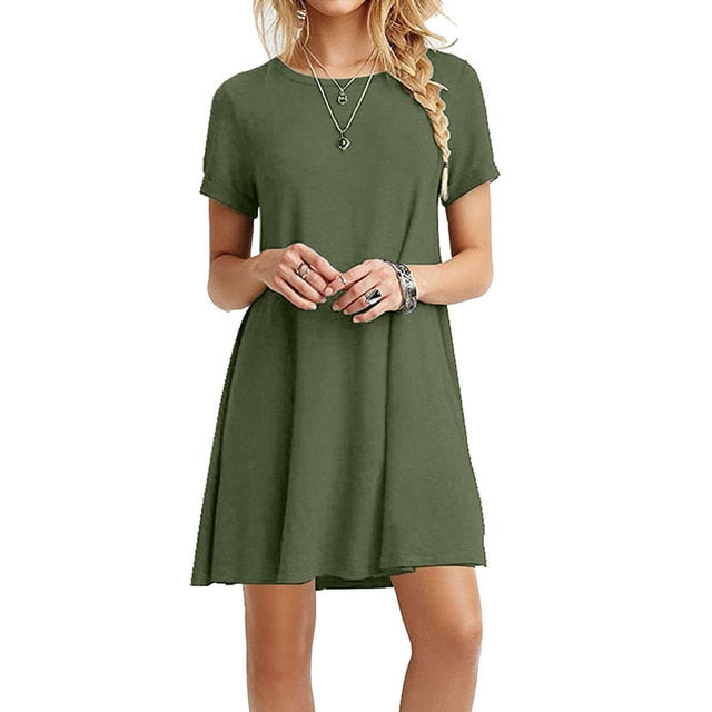 Summer Sexy Sundress Women Casual Round Neck Short Sleeve Mini A-line Dress Beach Dress Vestidos Plus size YF1022