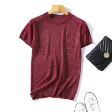 Load image into Gallery viewer, Summer Shiny Lurex Tops Slim  Women Basic T-Shirt Casual O-Neck Solid Tee Shirt Woman Knitted Short Sleeve Sequin T Shirt D300