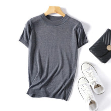 Load image into Gallery viewer, Summer Shiny Lurex Tops Slim  Women Basic T-Shirt Casual O-Neck Solid Tee Shirt Woman Knitted Short Sleeve Sequin T Shirt D300