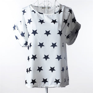Summer Stars Blouse Women Sunflower Bird Chiffon Print Blouse Stripe Plaid Shirt Cross Love Blouse Short Sleeve Lipstick Shirts