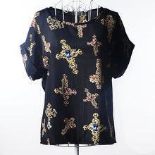 Load image into Gallery viewer, Summer Stars Blouse Women Sunflower Bird Chiffon Print Blouse Stripe Plaid Shirt Cross Love Blouse Short Sleeve Lipstick Shirts