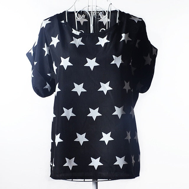 Summer Stars Blouse Women Sunflower Bird Chiffon Print Blouse Stripe Plaid Shirt Cross Love Blouse Short Sleeve Lipstick Shirts