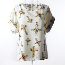 Load image into Gallery viewer, Summer Stars Blouse Women Sunflower Bird Chiffon Print Blouse Stripe Plaid Shirt Cross Love Blouse Short Sleeve Lipstick Shirts