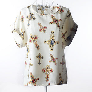 Summer Stars Blouse Women Sunflower Bird Chiffon Print Blouse Stripe Plaid Shirt Cross Love Blouse Short Sleeve Lipstick Shirts