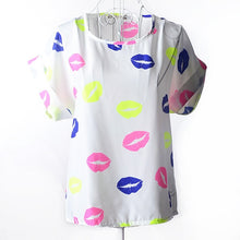 Load image into Gallery viewer, Summer Stars Blouse Women Sunflower Bird Chiffon Print Blouse Stripe Plaid Shirt Cross Love Blouse Short Sleeve Lipstick Shirts