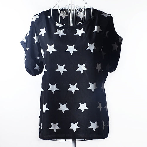 Summer Stars Blouse Women Sunflower Bird Chiffon Print Blouse Stripe Plaid Shirt Cross Love Blouse Short Sleeve Lipstick Shirts