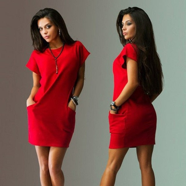 Summer T Shirt Dress Sexy Solid Short Sleeve O Neck Casual Women's Bodycon Mini Dresses Pocket Slim 2020 Fashion Red Blue Dress